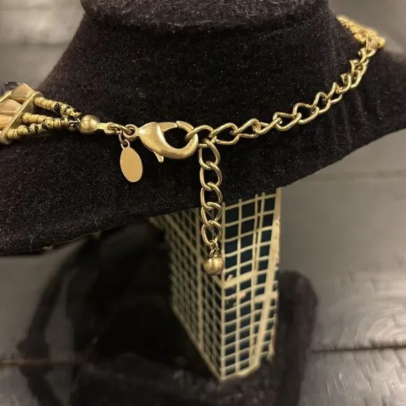 LARGE CHICOS NECKLACE BLUE MULTISTRAND BRUSHED GOLD TONE BEADS FASHION STATEMENT - Picture 4 of 7